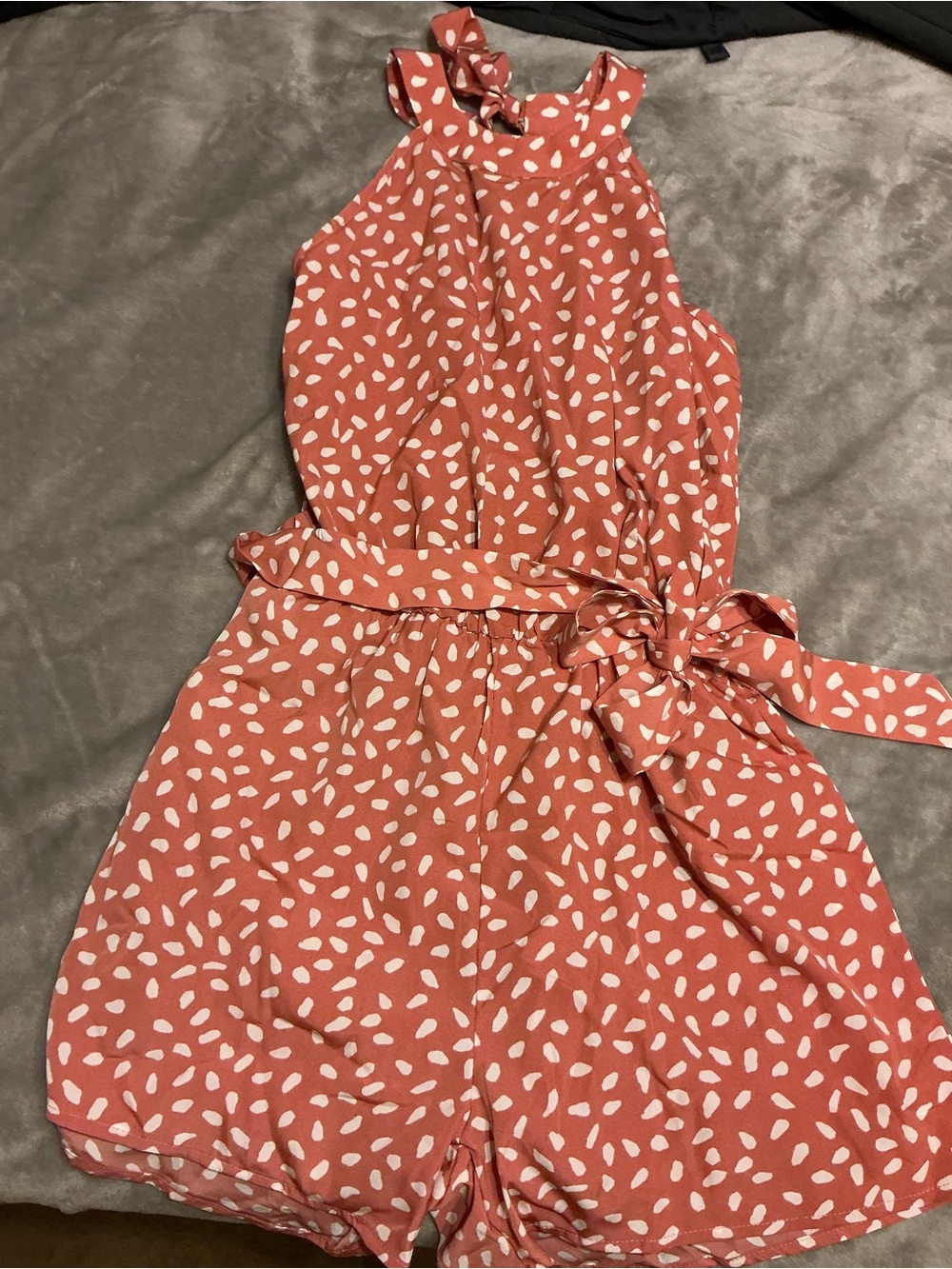 PatPat Coral Pink Halter Romper with White Pebble Print